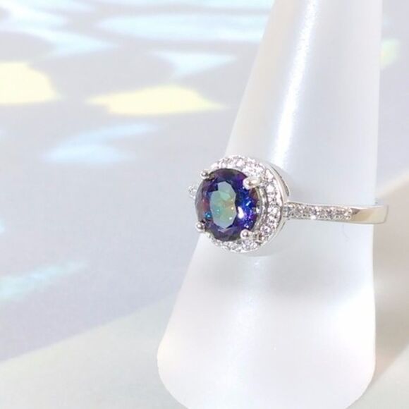 Ocean Mystic Gemstone & White Sapphires Ring Size 6-3/4 - Picture 2 of 8